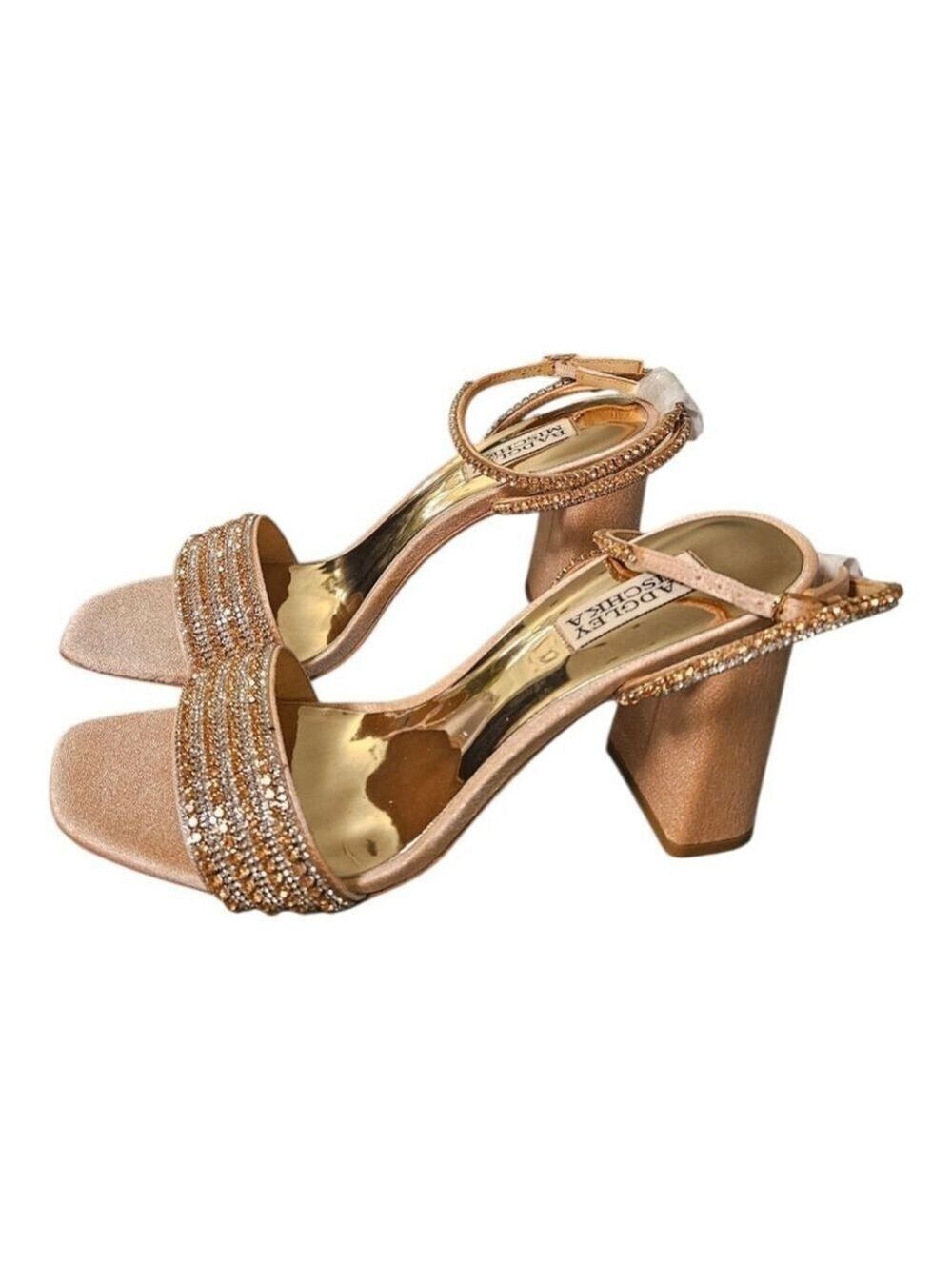 Badgley Mischka Embellished Block Heel Sandals Tan/Gold Size 8.5